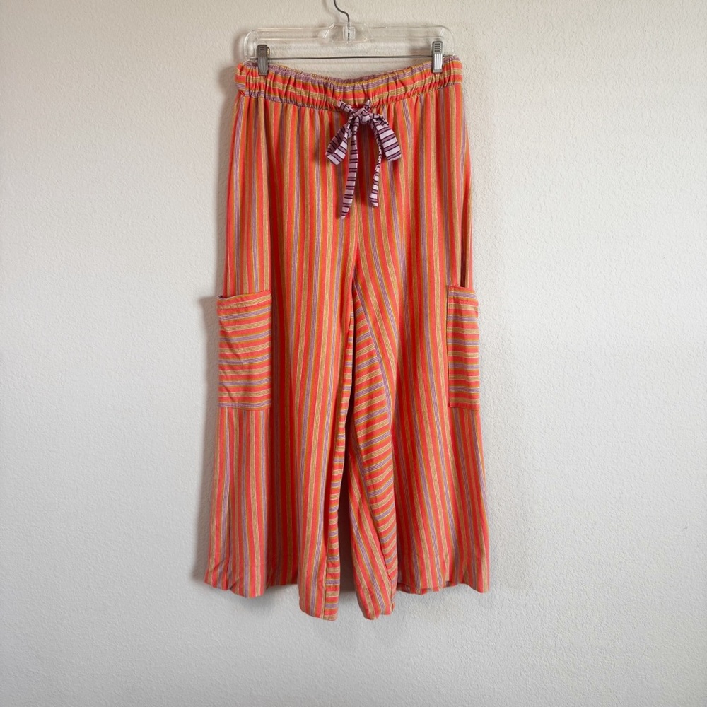 Free People Beach Blanche Orange Striped Wide Leg Cargo Pants Size M